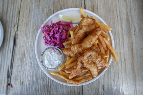 Fish and Chips: Catch of the day cooked in apple cider batter, served with chips, pickled coleslaw and tartar sauce. 