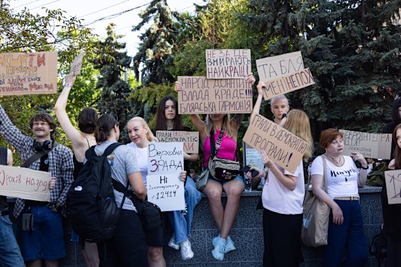 Protesters make their point in Kharkiv on Wednesday.
