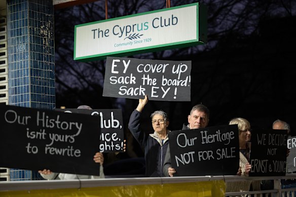 Members of the Cyprus Community of NSW protest outside the Stanmore club. 