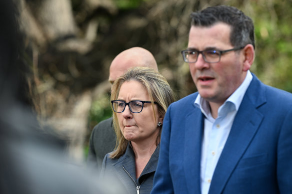 Then-premier Daniel Andrews and then-deputy Jacinta Allan announce the cancellation in 2023.