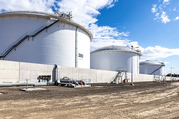 Three giant fuel storage tanks at Viva Energy’s Geelong oil refinery can hold a combined 90 million litres of diesel, enough for a week of Victorian demand.