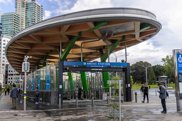 The “timber potato chip” at the entrance to Anzac station on St Kilda Road.