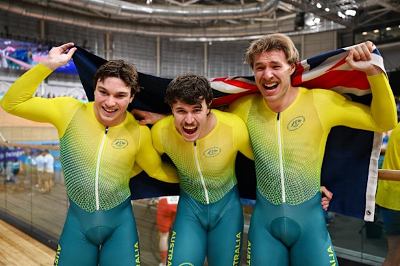 Ryan Elliott, Daniel James Barber and Leigh Hoffman celebrate after winning gold.