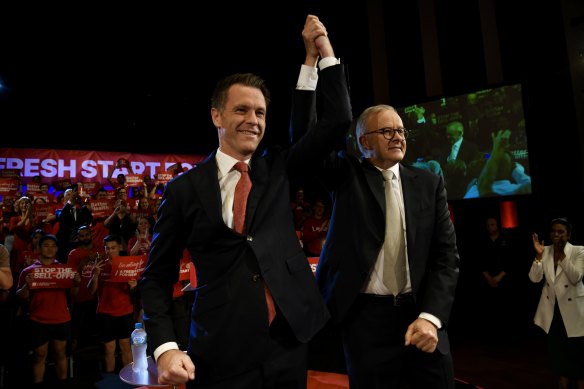 NSW Labor Leader Chris Minns with Prime Minister Anthony Albanese at his campaign launch in Hurstville on March 5.