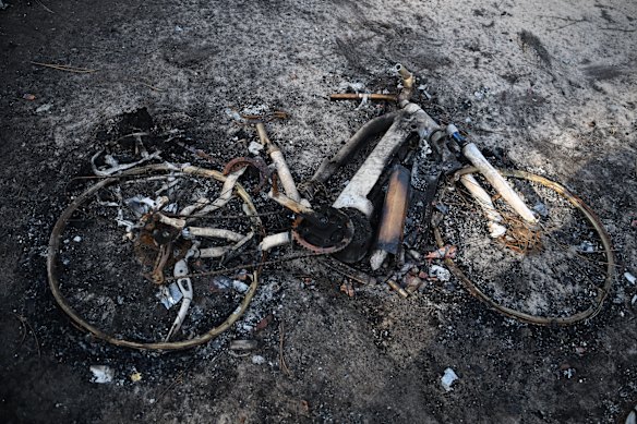A charred bicycle in L&egrave;ge-Cap-Ferret, outside Bordeaux, France.