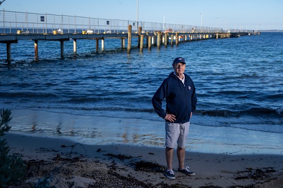 Save Flinders Pier Campaign chair Charles Reis at Flinders Pier. Parks Victoria has apparently run out of money to complete the restoration of Flinders Pier.