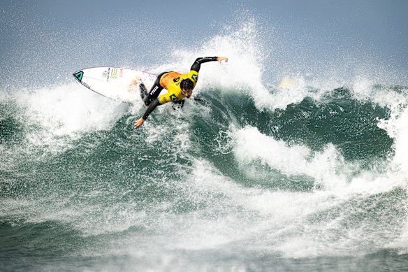 Yago Dora of Brazil competing in the mens WSL Rip Curl Bells Beach final.