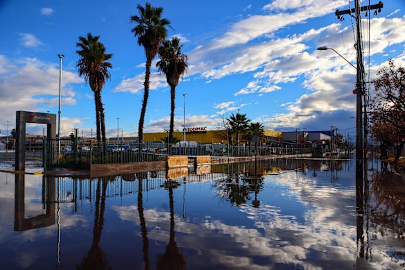 The flooded surroundings at Mallplaza Oesta in Cerrillos after heavy rains affected the metropolitan area of Santiago, Chile.