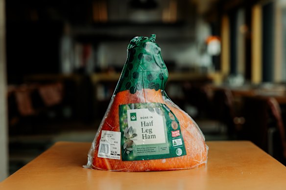 Woolworths bone-in half leg ham. 