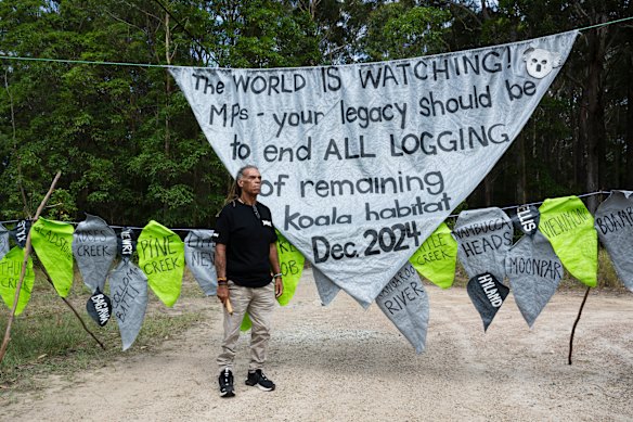 Gumbaynggirr elder Uncle Micklo Jarrett at a protest against logging at Little Newry Forest on the Mid-North Coast of NSW. The forest is part of the potential area for the proposed Great Koala National Park. 