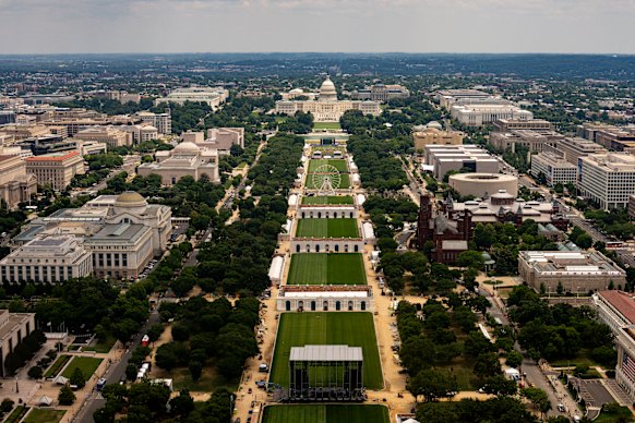 View of preparations on the Mall ahead of the Great American State Fair. 