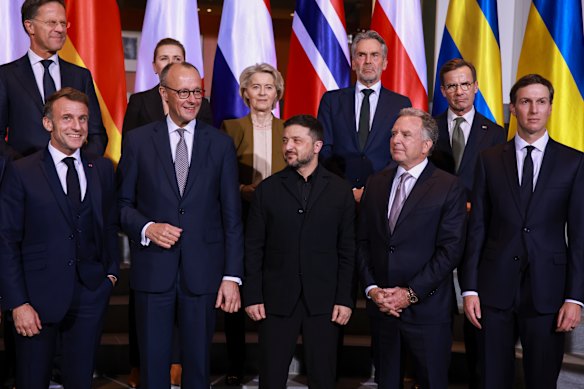 NATO country leaders with Ukraine President Volodymyr Zelenky (centre) and Secretary-General Mark Rutte (top left), White House peace envoy Steve Witkoff (third from right) and Trump’s son-in-law Jared Kushner (right).