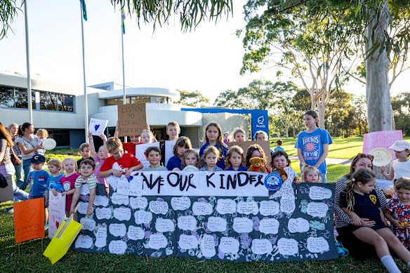 Hampton parents and children protesting kindergarten “hub” plan which was later voted down this week.
