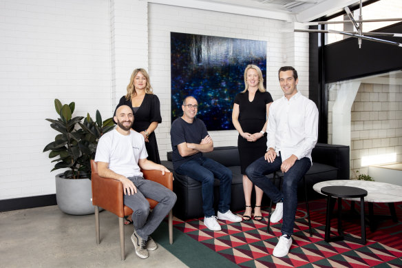 Square Peg's Melbourne team, from left to right, Dan Krasnostein, Jenna Sheils, Paul Bassat, Leila Lee and Ben Hensman.