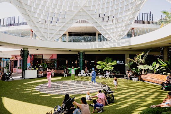 One of the redeveloped areas at Westfield Chermside, with a live performance.
