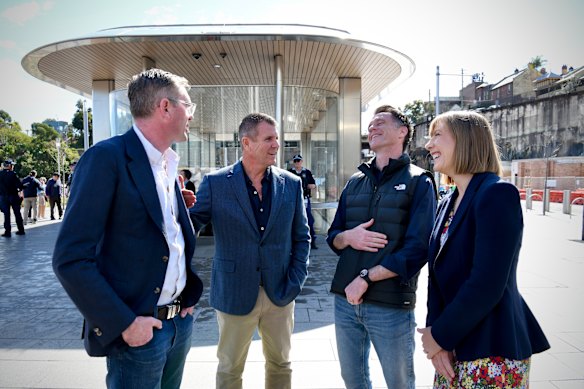 Premier Chris Minns, with former transport minister Jo Haylen (right) welcomed former Liberal premiers Dominic Perrottet (left) and Mike Baird (second left) to open the city metro line.