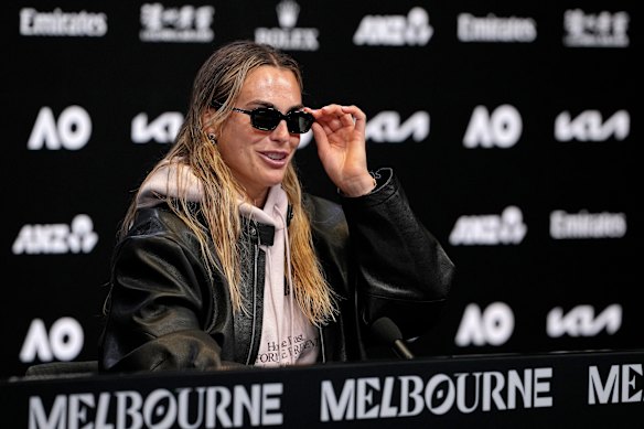 Aryna Sabalenka wearing Gucci sunglasses in her press conference on Friday after announcing her collaboration with the fashion brand.