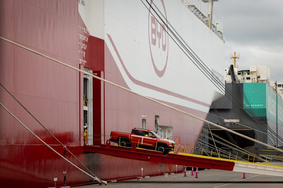 A BYD vehicle is driven off the car maker’s ship at Port Melbourne on Tuesday.