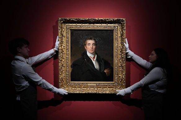 A portrait of the Duke of Wellington by Sir Thomas Lawrence is displayed at Christie's auction house in London. The painting is estimated to sell for £8–12 million.