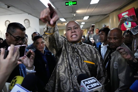Ronald “Bato” dela Rosa answers media questions in the Philippine Senate on Wednesday.