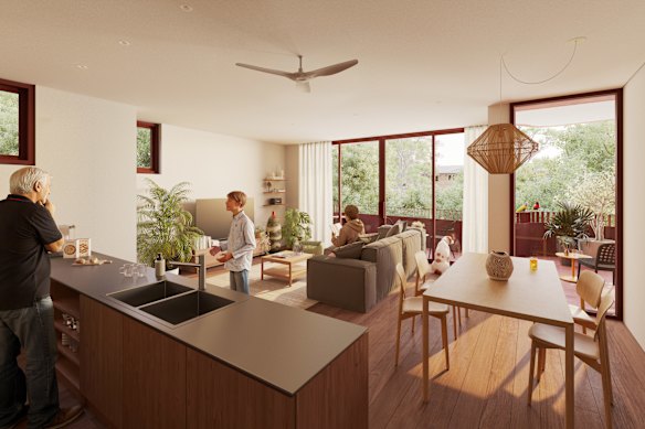 Kerslake’s design for a three-storey apartment building with “brackish spaces”.