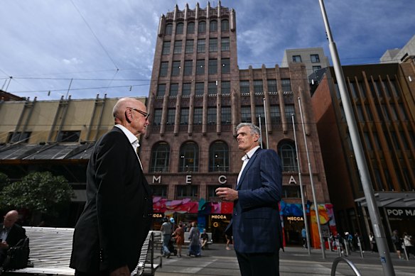 Swaney and Langford outside Newmark Capital’s Bourke Street building, which houses Mecca, Rodd & Gunn and Omnicom. 