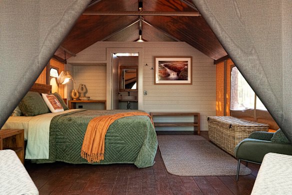 A glamping tent, complete with a hot shower, at the Mitchell Falls Wilderness Lodge.