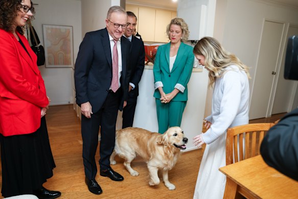 Anthony Albanese, Treasurer Jim Chalmers and Housing Minister Clare O’Neil, meet Mika Rosewarne and her dog Pikelet to talk housing policy this week.