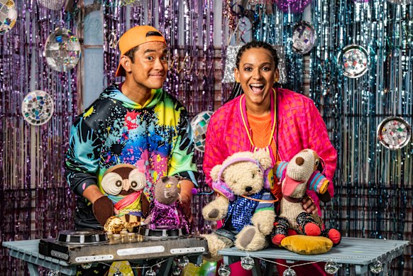 Play School presenters Kaeng Chan and Zindzi Okenyo filming the Party Series episodes to celebrate the show’s 60th anniversary.