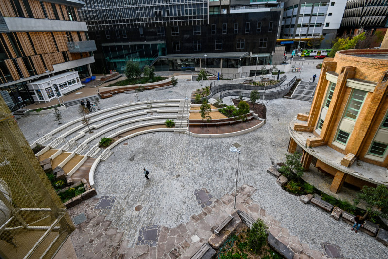 A mix of spaces and buildings: The University of Melbourne student precinct.