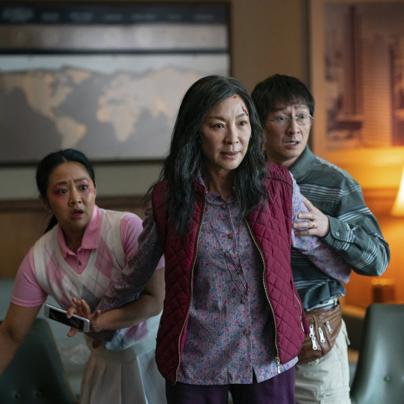 Stephanie Hsu, Michelle Yeoh and Ke Huy Quan in a scene from “Everything Everywhere All At Once.” 