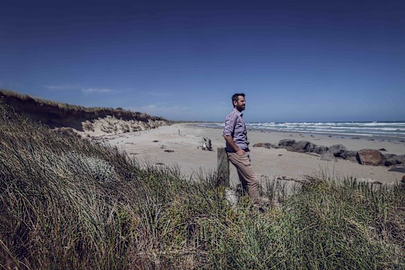Deakin University’s Blake Allan at Port Fairy, where erosion has hit beach areas hard.