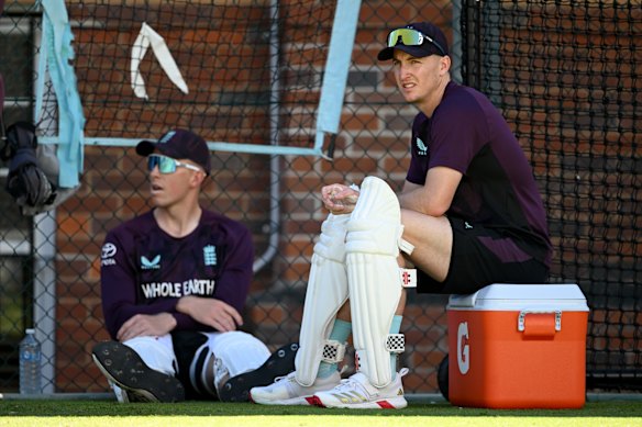 England stars Zak Crawley and Harry Brook at training.
