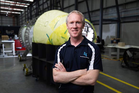 Gilmour Space CEO Adam Gilmour with the test vehicle they hope to launch this year.