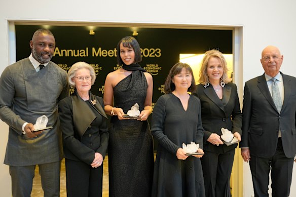 Actor Idris Elba, Hilde Schwab, Sabrina Dhowre Elba, artist Maya Lin, singer Renee Fleming and World Economic Forum founder Klaus Schwab in 2023.