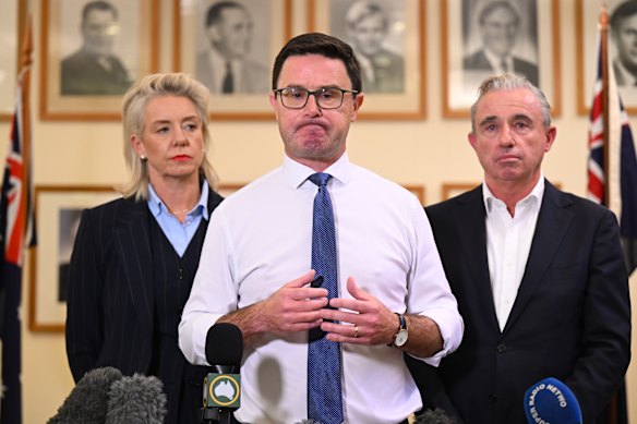 Nationals Leader David Littleproud (centre), deputy leader Kevin Hogan and Nationals Senate leader Bridget McKenzie.