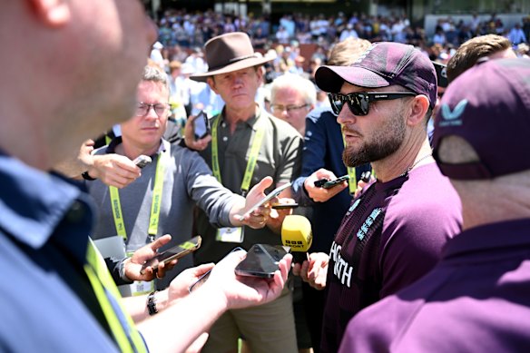 Brendon McCullum faces the English press pack.