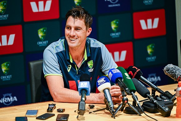 Pat Cummins address the media in Adelaide on Tuesday ahead of the third Test. 