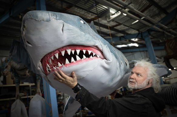 Erth’s artistic director Scott Wright with his five-metre shark puppet.