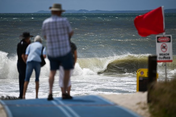 Large surf is seen on Woorim beach at Bribie Island, north of Brisbane.