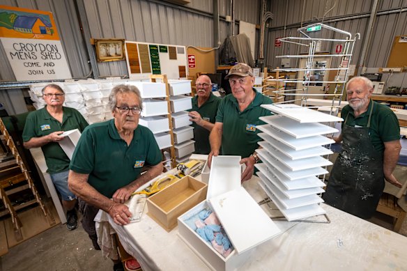 Volunteers Derek Bone, Geoff Ryan, Ian Rayson, Geoff Coutts and Ron Harper. For over 10 years, Croydon Men’s Shed have built and painted free “angel boxes” that parents can use to lay their deceased babies to rest or to hold mementos. 