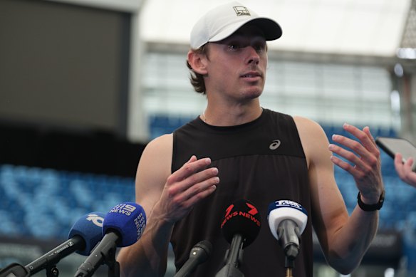 Alex de Minaur talks to the media on Sunday.