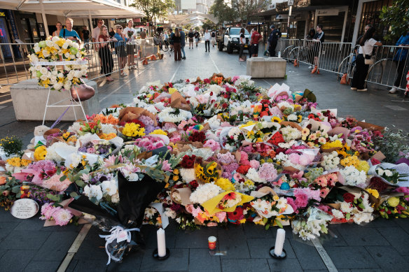 Flowers left in Bondi Junction after Cauchi’s stabbing attack.
