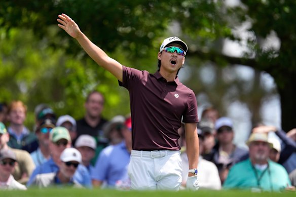Min Woo Lee, of Australia, watches his tee shot on the fourth hole.