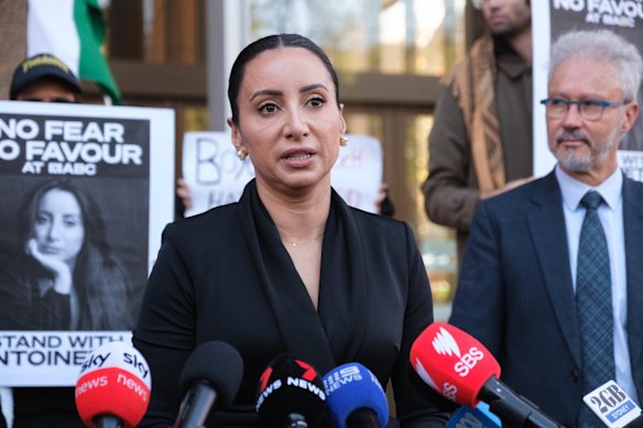 Antoinette Lattouf at the Supreme Court of NSW, flanked by her lawyer Josh Bornstein. 
