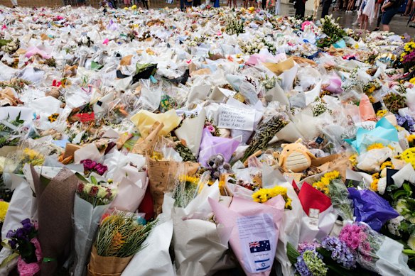 Floral tributes to the victims at Bondi Beach after the attack.