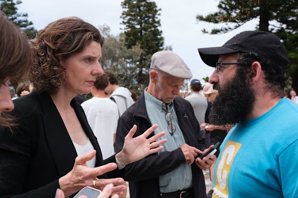 Member for Wentworth, Allegra Spender, during a visit to Bondi Beach following December’s mass shooting. 