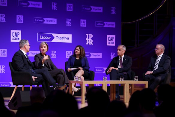 Left-right: Starmer, Frostadottir, Carney and Albanese take part in a panel discussion “Governing for Working People”.