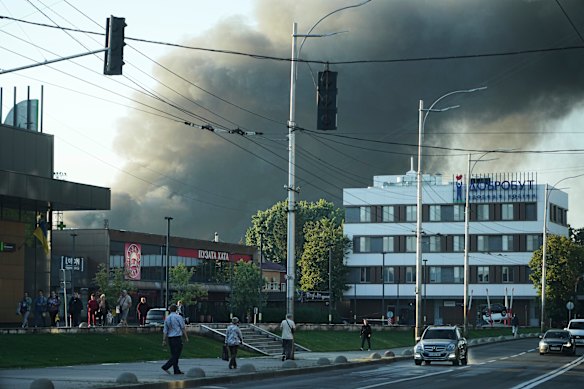 Smoke rises after the Russian attack in Kyiv.