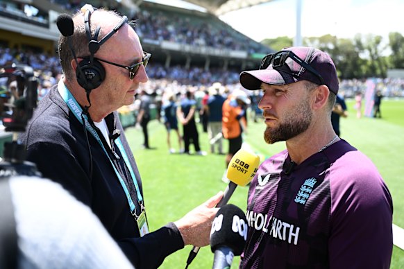  Brendon McCullum in Adelaide after England’s defeat left them 3-0 down in the Ashes.